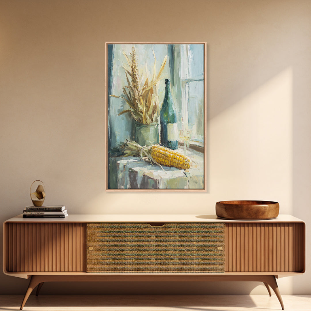 Sunlit Corn And Wine Bottle Still Life, Canvas Print, Farmhouse Kitchen Wall Art, Rustic Country Decor, Dining Room Print