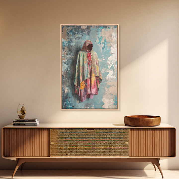 Hooded Pastel Figure In Flowing Robe, Wall Art, African Inspired Art, Cultural Wall Decor, Boho Neutral Home Decor Gift Idea
