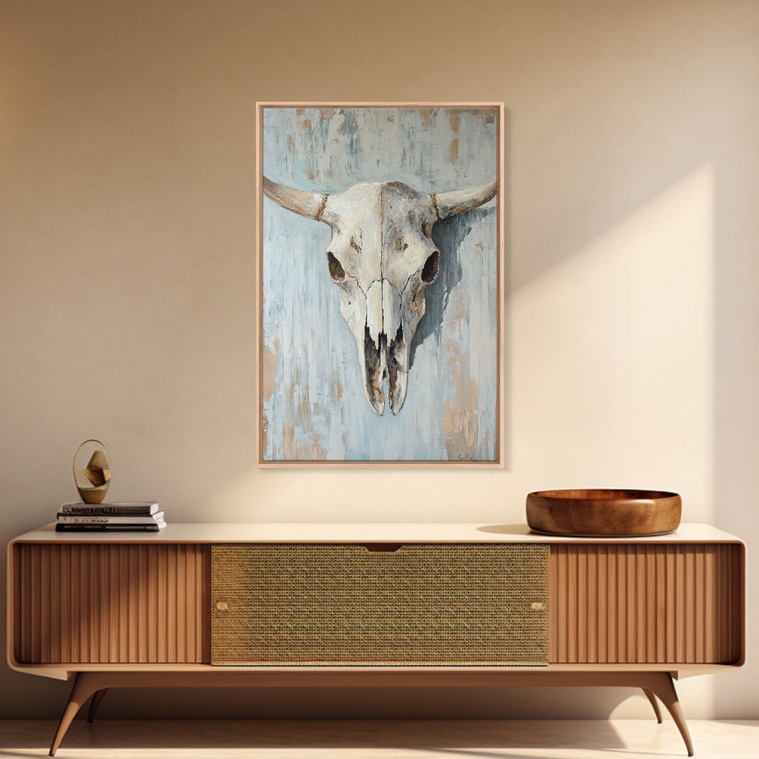 White Longhorn Skull On Blue Wood, Framed Canvas Print, Western Wall Art, Southwestern Decor, Rustic Farmhouse Gift For Him