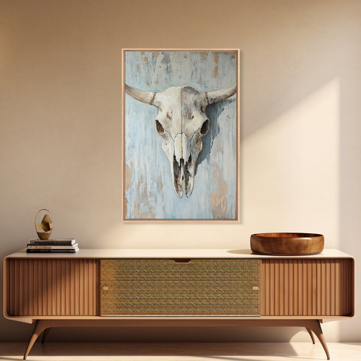White Longhorn Skull On Blue Wood, Framed Canvas Print, Western Wall Art, Southwestern Decor, Rustic Farmhouse Gift For Him