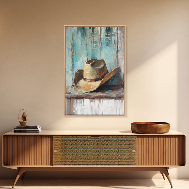 Worn Cowboy Hat On Weathered Shelf, Framed Canvas Print, Western Wall Art, Rustic Ranch Decor, Gift For Him, Man Cave Decor