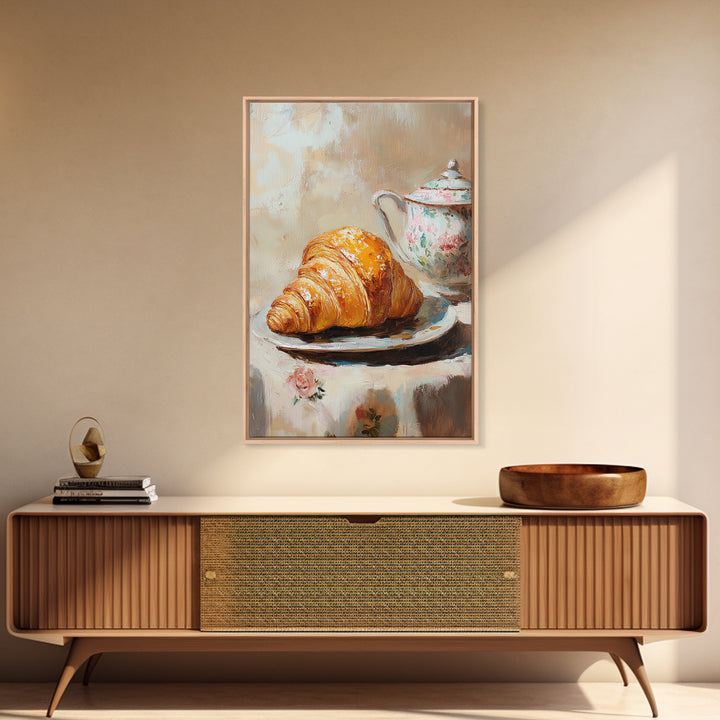Golden Croissant And Floral Teapot Framed Canvas Print, French Bakery Wall Art, Kitchen Decor, Cafe Art Print, Foodie Gift