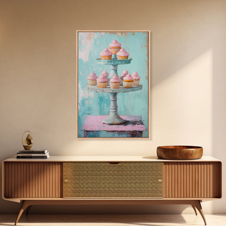 Pink Cupcakes On Tiered Stand Canvas Print, Cute Bakery Wall Art, Girls Room Decor, Dessert Art, Kitchen Decor Gift, Home Decor