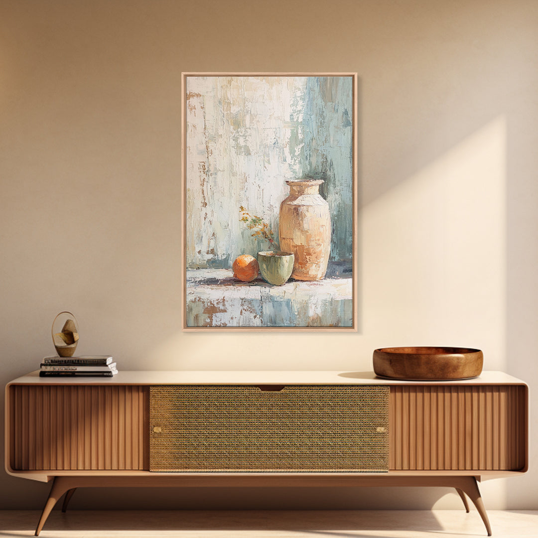 Rustic Vase With Orange Still Life Canvas Print, Neutral Wall Art, Farmhouse Decor, Kitchen Art, Minimalist Home Decor Gift