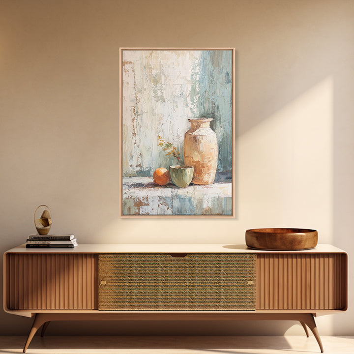 Rustic Vase With Orange Still Life Canvas Print, Neutral Wall Art, Farmhouse Decor, Kitchen Art, Minimalist Home Decor Gift