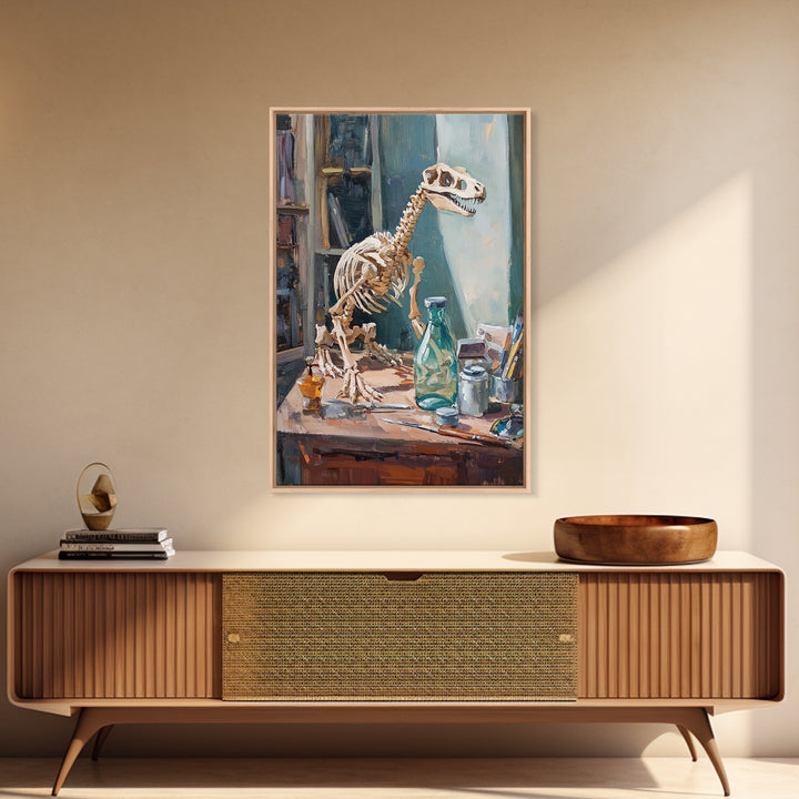 Dinosaur Skeleton On Artist Desk Canvas Print, Curiosity Cabinet Wall Art, Science Decor, Kids Room Decor, Unique Gift For Kids