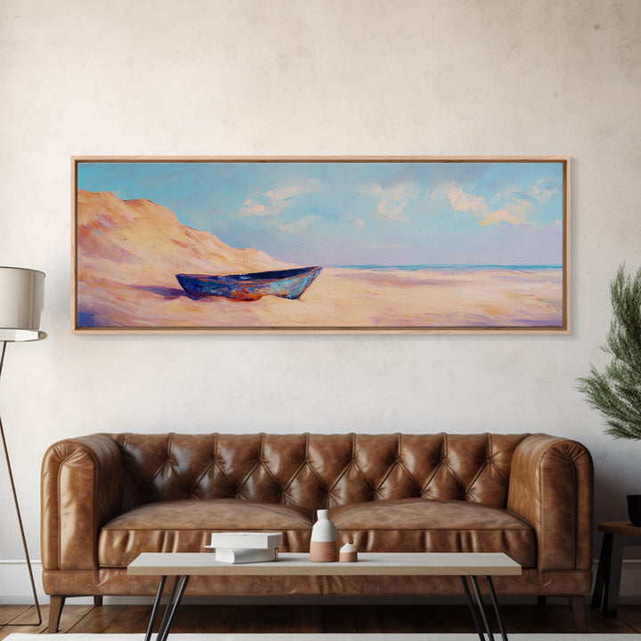 Blue Boat On Sandy Beach Wall Art, Coastal Landscape Painting, Ocean Wall Decor, Beach House Decor, Nautical Print, Summer Home Decor