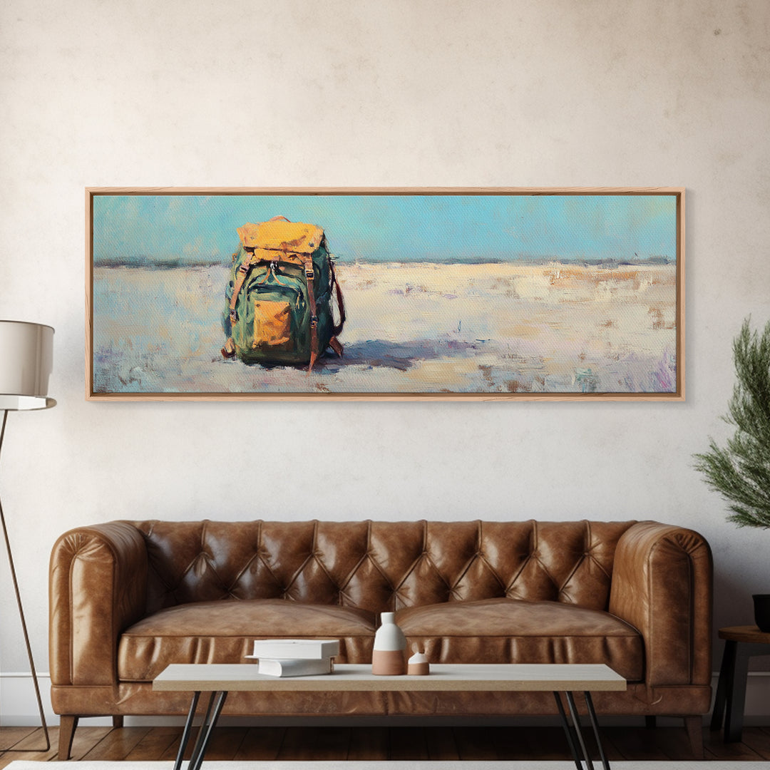 Lonely Backpack On Beach Canvas Print, Minimalist Coastal Landscape Art, Travel Wall Decor, Adventure Gift For Him, Office Decor