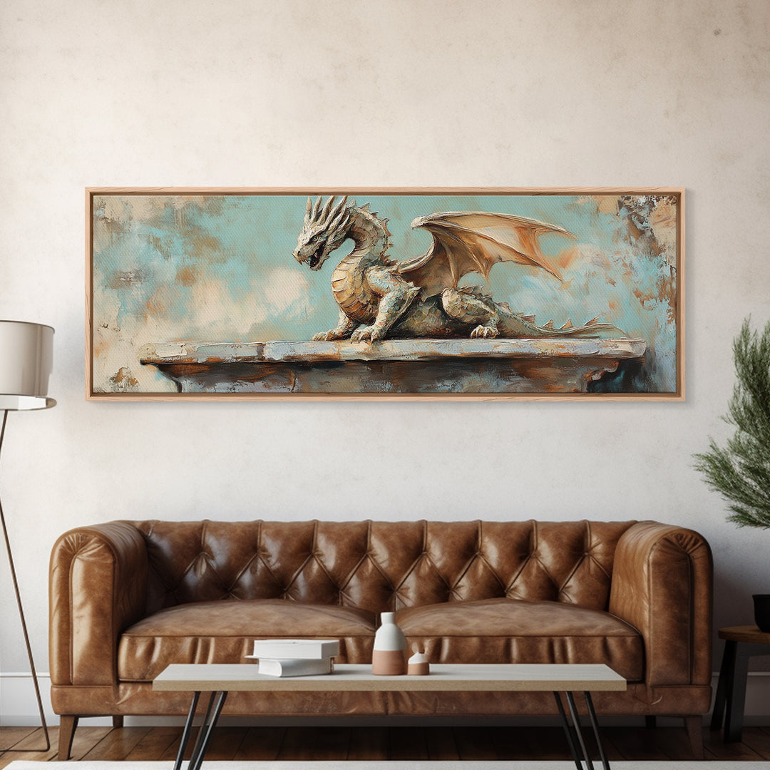 Textured Stone Dragon Framed Canvas Print, Fantasy Wall Art, Gothic Medieval Decor, Mythical Creature Gift For Gamer Room Decor