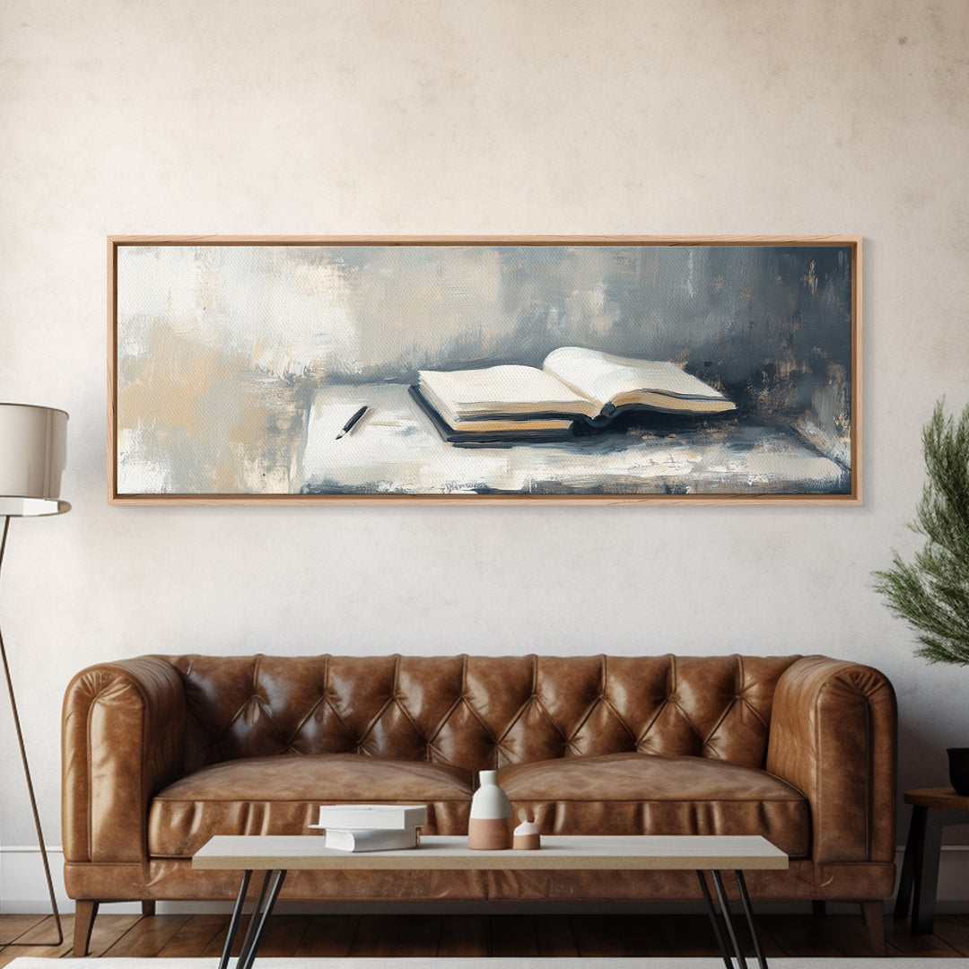 Open Book And Pen Wall Art, Minimalist Literary Canvas Print, Neutral Office Decor, Library Reading Nook Gift For Her, Home Decor