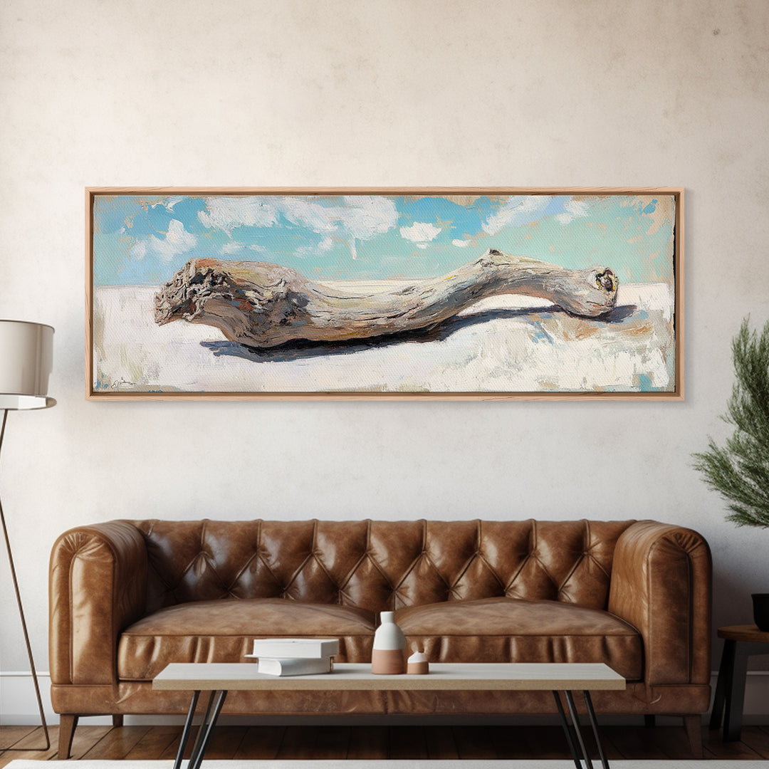 Curved Weathered Driftwood Framed Canvas Print, Coastal Wall Decor, Rustic Beach House Art, Long Horizontal Seascape Living Room Decor