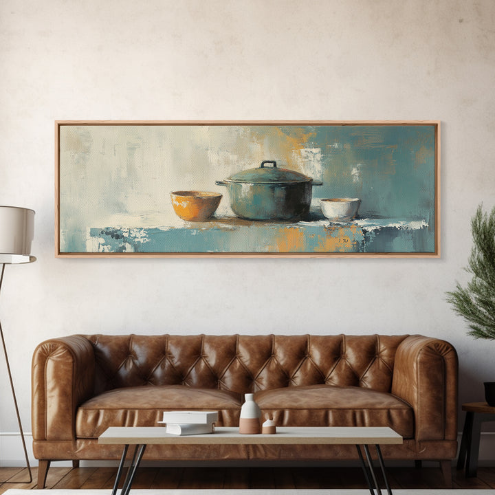 Blue Pot And Bowls Kitchen Wall Art, Rustic Farmhouse Decor, Modern Still Life Canvas Print, Cozy Dining Room Decor, Home Decor