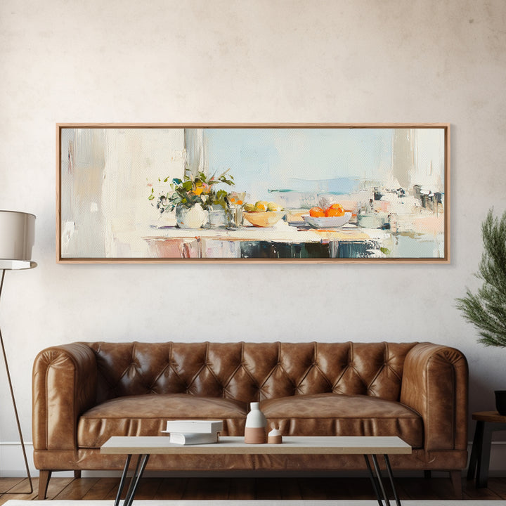 Sunlit Kitchen Counter With Flowers Wall Art, Fruit Still Life Canvas Print, Modern Farmhouse Dining Room Home Decor, Wall Decor