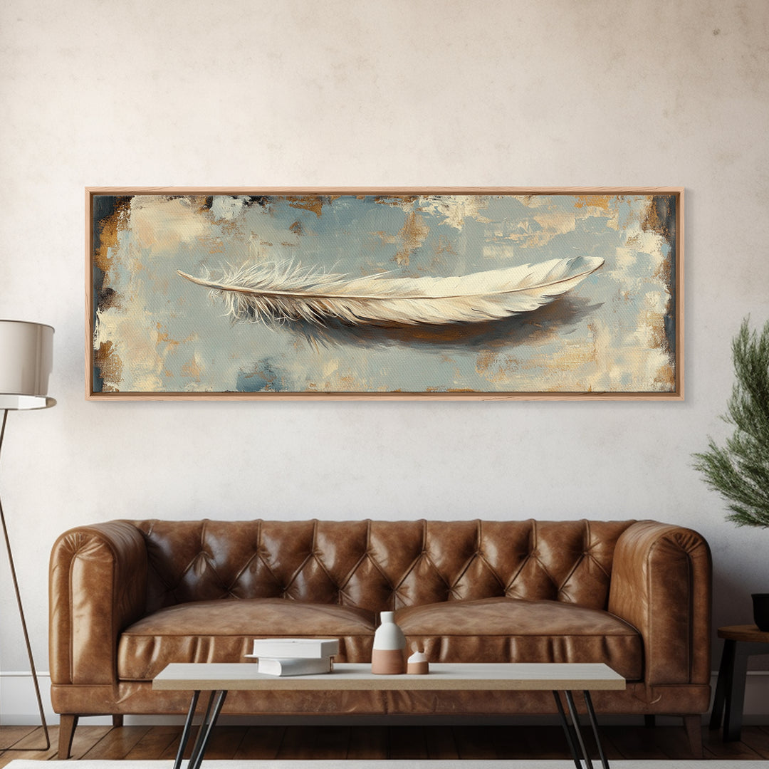 White Feather On Textured Neutral Wall Art, Minimalist Canvas Print For Bedroom, Boho Decor, Calming Coastal Home Decor Gift