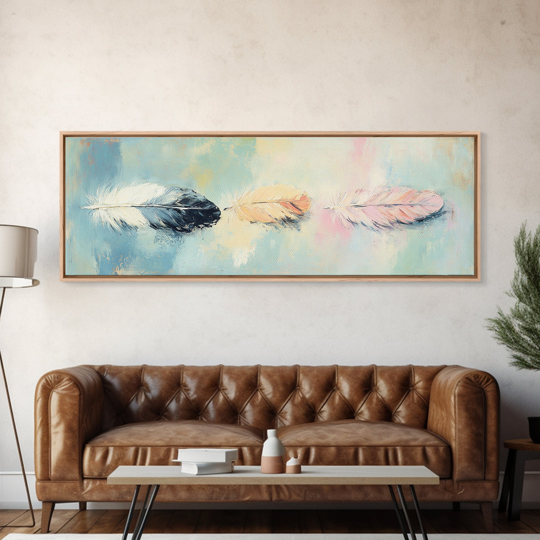 Three Pastel Feathers On Blue Wall Art, Boho Canvas Print For Nursery, Bedroom, Feminine Decor, Soft Coastal Home Decor Gift