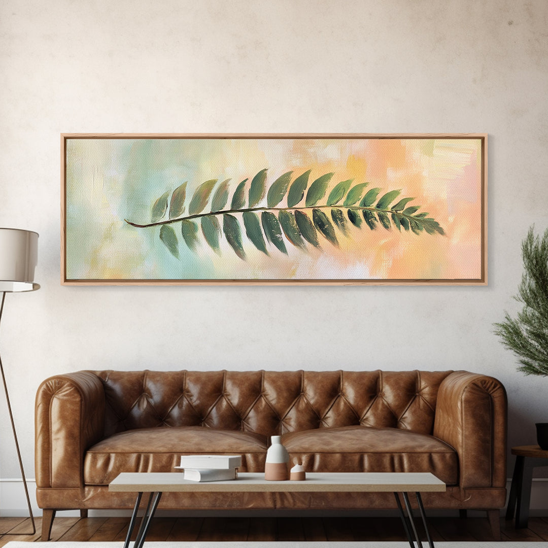 Green Fern Leaf On Pastel Abstract Wall Art, Botanical Canvas Print For Bathroom, Nature Decor, Sage Green Living Room Art