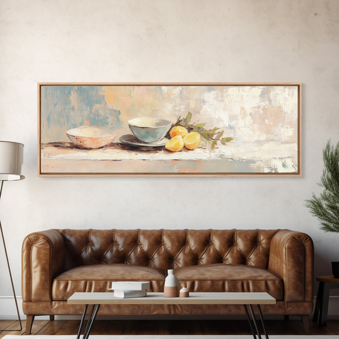 Blue Bowls And Lemons Still Life Canvas Print, Modern Kitchen Wall Art, Food Decor, Citrus Painting, Home Decor, Housewarming Gift