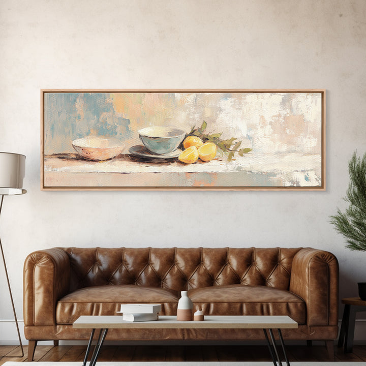 Blue Bowls And Lemons Still Life Canvas Print, Modern Kitchen Wall Art, Food Decor, Citrus Painting, Home Decor, Housewarming Gift