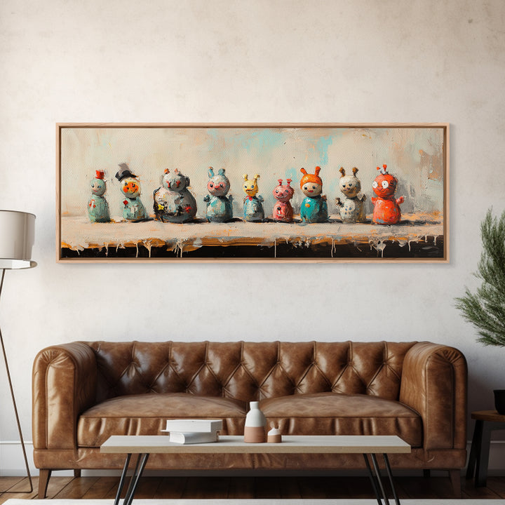 Whimsical Monster Figurines Wall Art, Quirky Kids Room Decor, Playroom Art Print, Colorful Eclectic Nursery Canvas Print