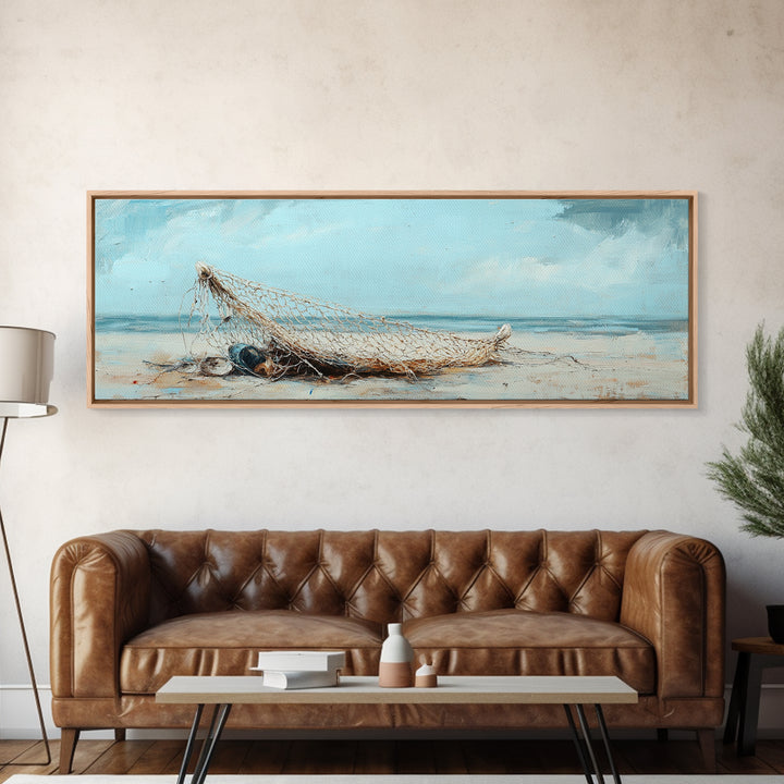 Weathered Fishing Net On Beach Canvas Print, Coastal Wall Art, Nautical Decor, Seascape Painting, Beach House Rustic Home Decor Gift