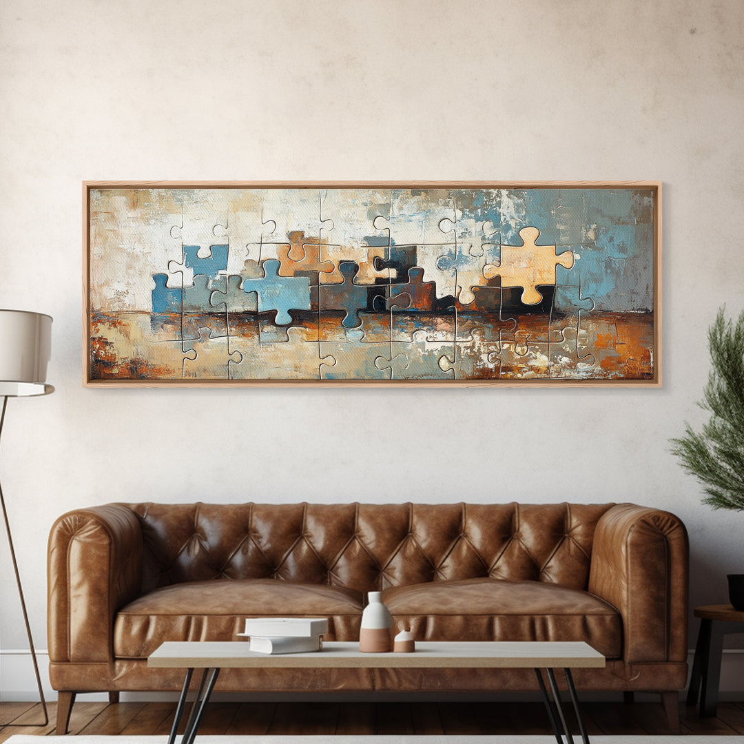 Abstract Puzzle Pieces Painting Wall Art, Modern Geometric Canvas Print For Living Room Decor And Office Decor Gift For Him
