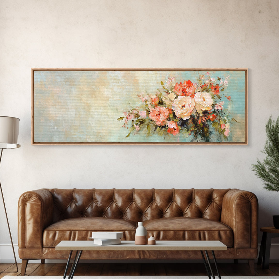 Romantic Peach Rose Bouquet Framed Canvas Print, Floral Wall Art For Bedroom Decor Living Room Decor And Housewarming Gift For Her
