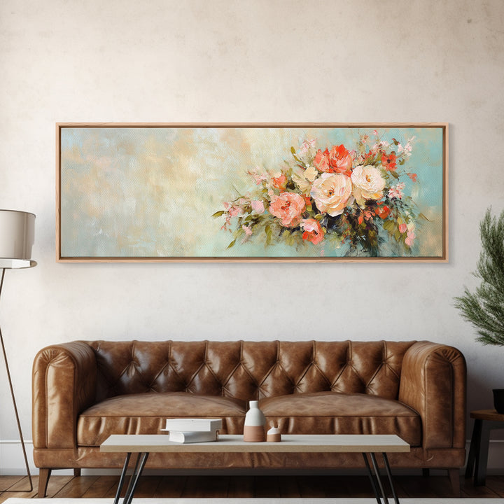 Romantic Peach Rose Bouquet Framed Canvas Print, Floral Wall Art For Bedroom Decor Living Room Decor And Housewarming Gift For Her