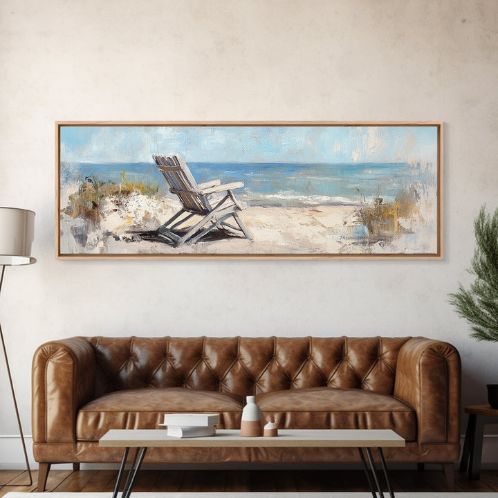 White Beach Chair Ocean View Framed Canvas Print, Coastal Wall Art For Beach House Decor Living Room Decor And Housewarming Gift