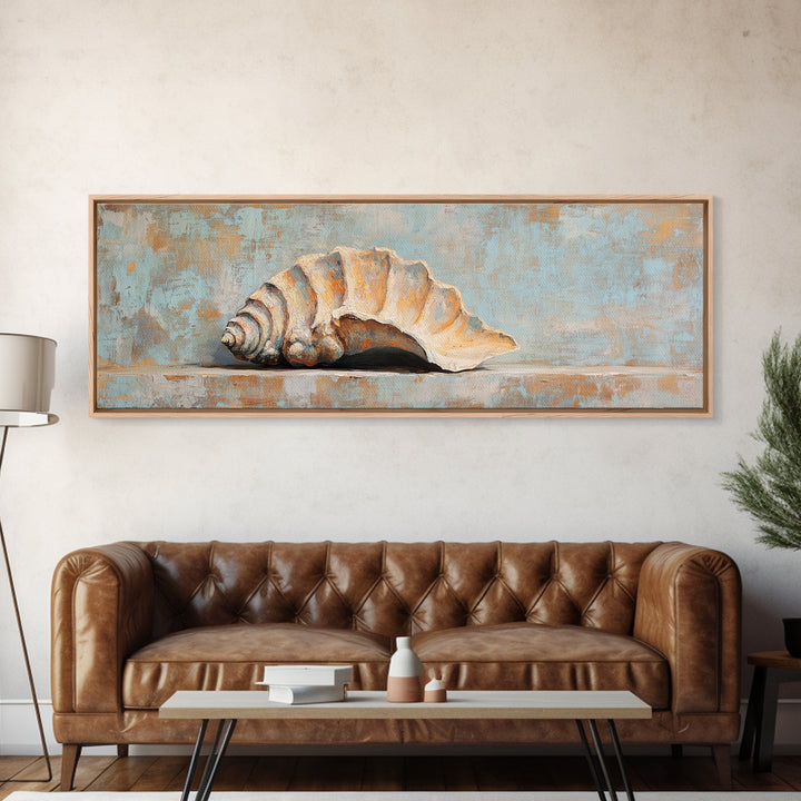 Rustic Seashell Still Life Wall Art, Coastal Beach House Canvas Print, Nautical Bathroom Decor, Ocean Shell Painting Gift
