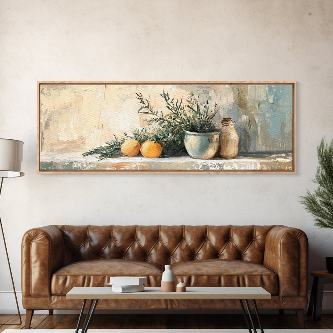Olive Branch And Citrus Still Life Wall Art, Rustic Kitchen Canvas Print, Farmhouse Country Decor, Mediterranean Art Print