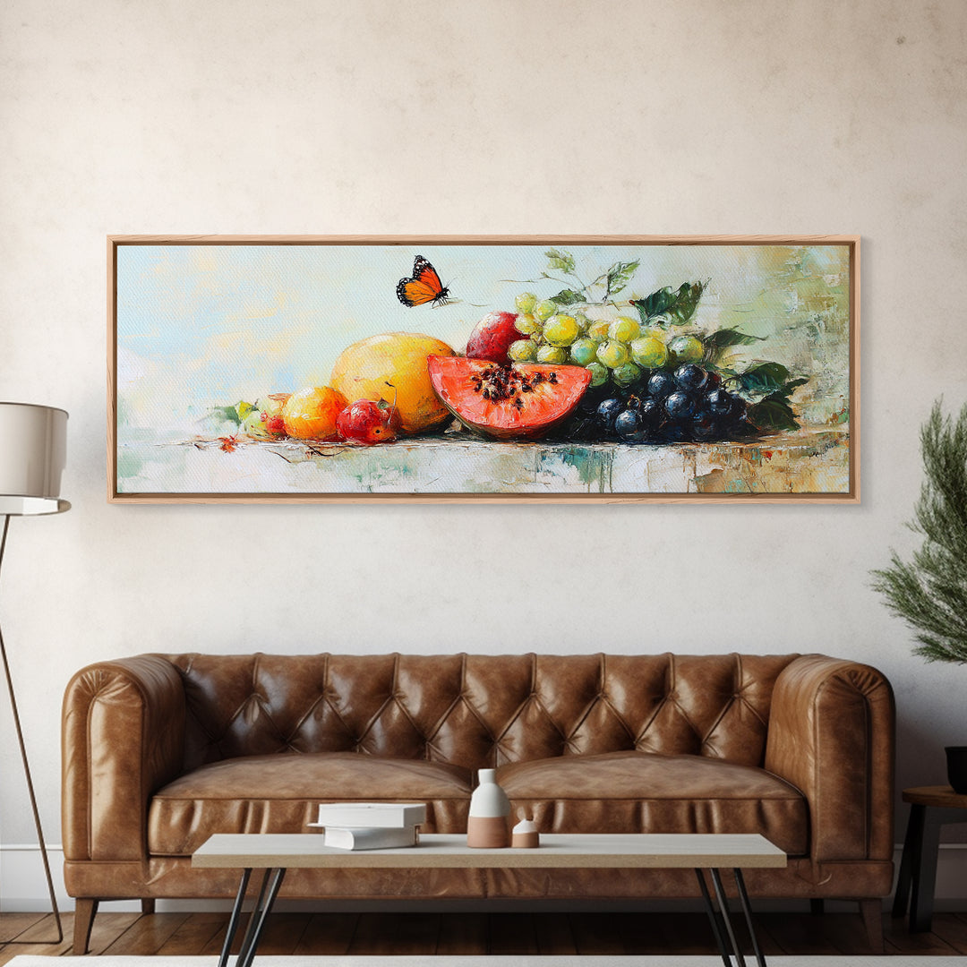 Tropical Fruit And Butterfly Still Life Wall Art, Colorful Kitchen Canvas Print, Summer Farmhouse Decor, Food Lover Gift Art Print