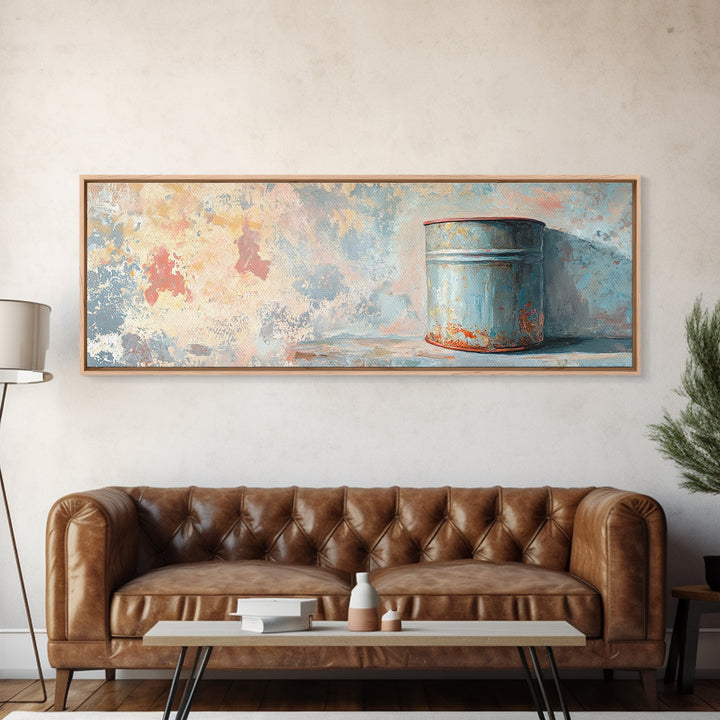Weathered Blue Tin Can Still Life Wall Art, Rustic Farmhouse Canvas Print, Industrial Kitchen Decor, Textured Painting Print