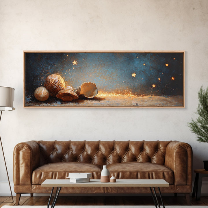 Glowing Seashells And Golden Stars Canvas Print, Coastal Wall Art, Celestial Decor, Beach House Decor, Ocean Wall Decor, Gift For Her