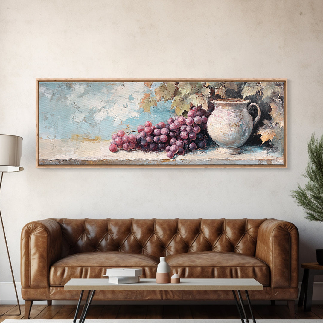 Purple Grapes And Rustic Pitcher Framed Canvas Print, Winery Wall Art, French Country Decor, Kitchen Wall Decor, Gift For Her