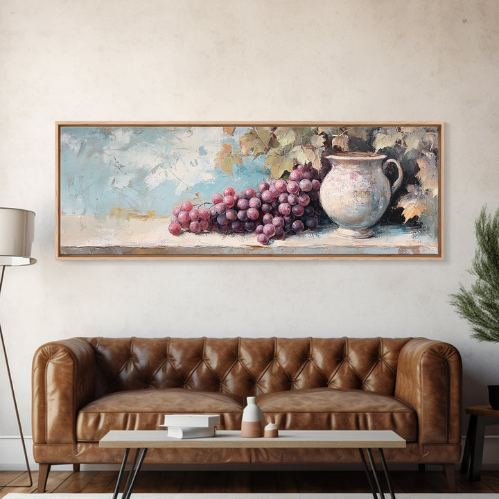 Purple Grapes And Rustic Pitcher Framed Canvas Print, Winery Wall Art, French Country Decor, Kitchen Wall Decor, Gift For Her