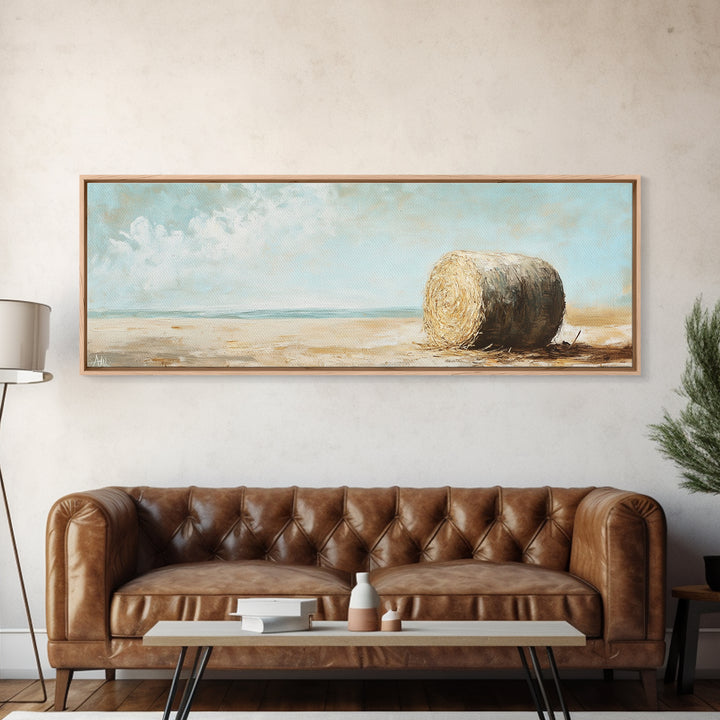 Golden Hay Bale Coastal Landscape Wall Art, Rustic Farmhouse Decor, Country Canvas Print For Living Room Or Kitchen Wall Decor