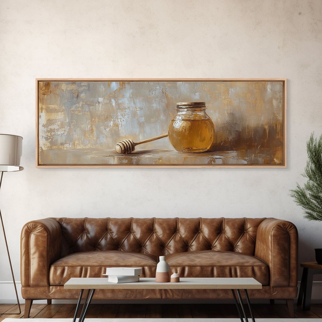 Honey Jar And Dipper Still Life Wall Art, Rustic Kitchen Decor, Farmhouse Canvas Print For Dining Room Or Pantry Wall Decor Gift
