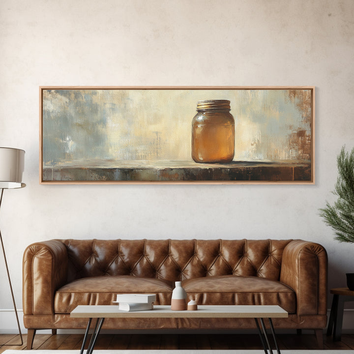 Amber Mason Jar Still Life Wall Art, Rustic Farmhouse Decor, Neutral Canvas Print For Kitchen Shelf Or Dining Room Wall Decor