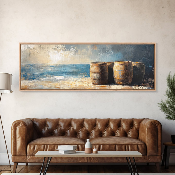 Weathered Barrels By The Sea Wall Art, Coastal Rustic Decor, Nautical Canvas Print For Beach House Living Room Wall Decor Gift