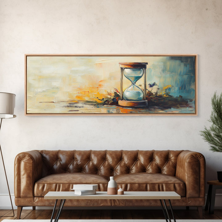 Hourglass Sunset Still Life Wall Art, Long Horizontal Canvas, Neutral Coastal Decor, Abstract Painting, Living Room Print