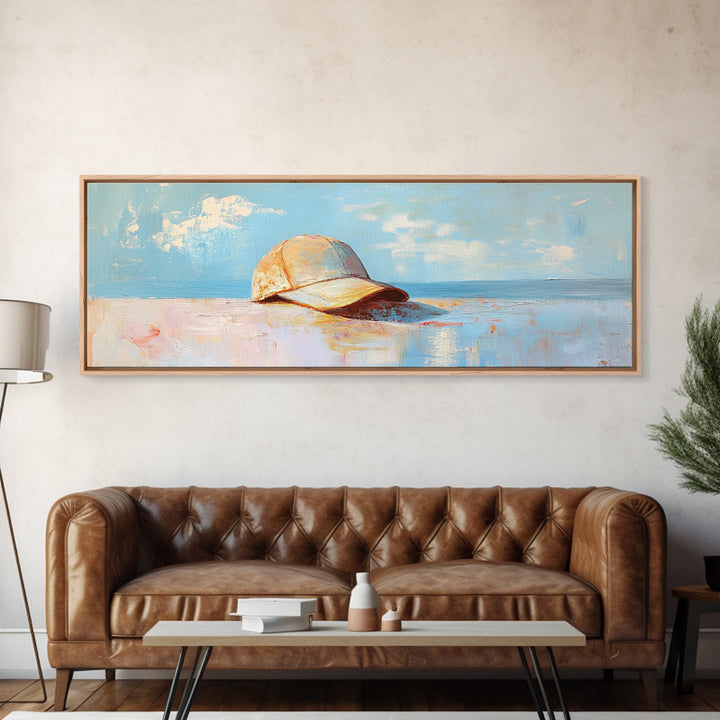 Sunlit Baseball Cap On Sandy Blue Shore Wall Art, Coastal Beach House Decor, Nautical Living Room Print, Gift For Him, Home Decor