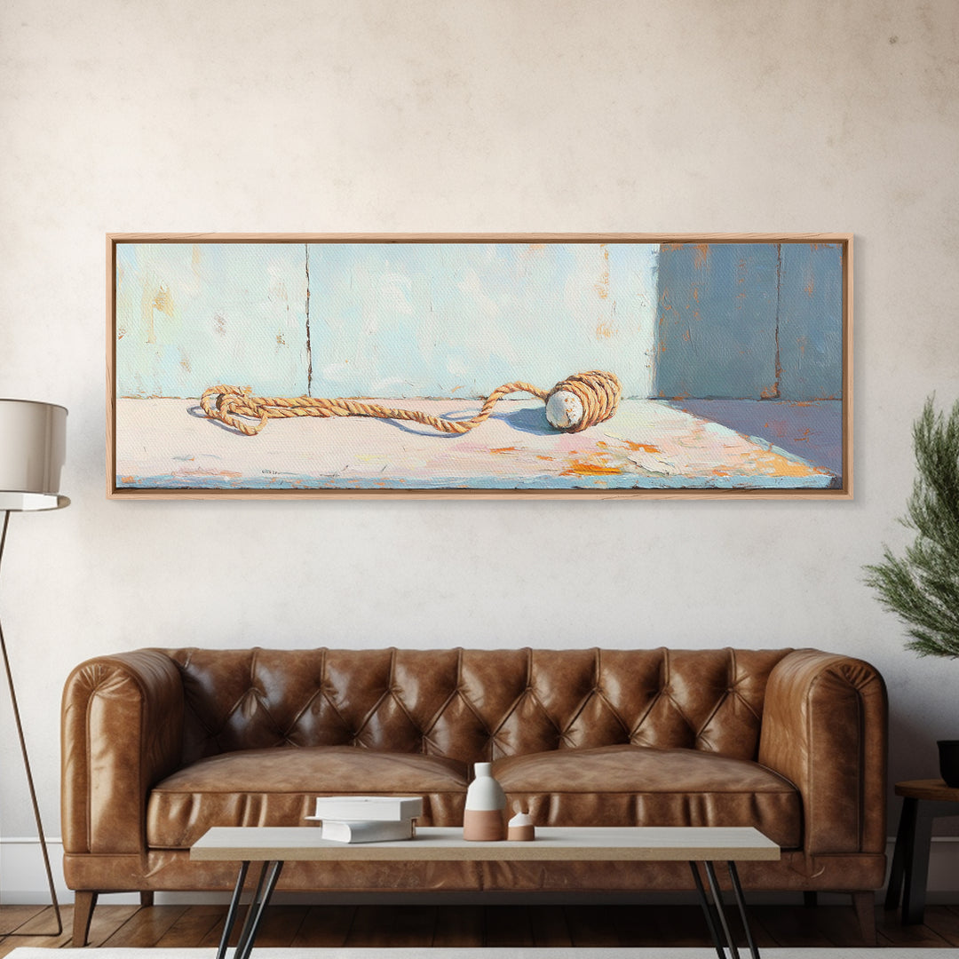 Weathered Rope And Wood Float Canvas Print, Nautical Coastal Wall Art, Beach House Decor, Rustic Bathroom Wall Decor, Ocean Wall Art