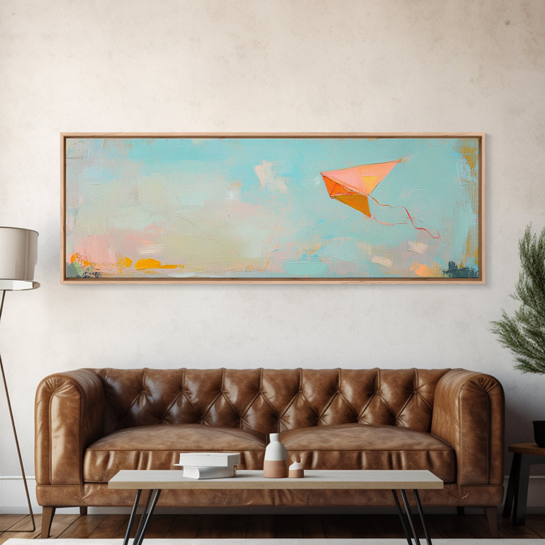Orange Kite In Blue Summer Sky Canvas Print, Whimsical Nursery Wall Art, Coastal Kids Room Decor, Playful Gift For Her, Dopamine Decor
