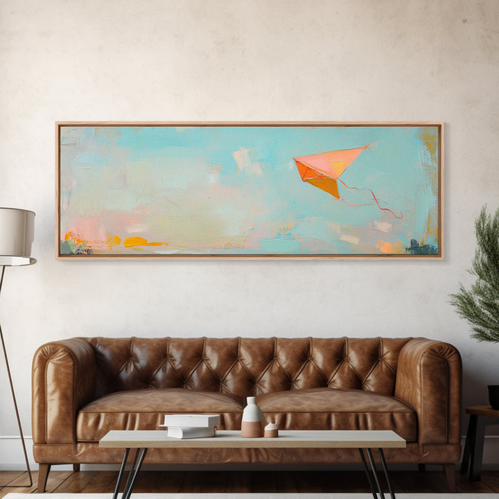 Orange Kite In Blue Summer Sky Canvas Print, Whimsical Nursery Wall Art, Coastal Kids Room Decor, Playful Gift For Her, Dopamine Decor