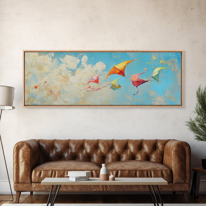 Colorful Kites Drifting Through Clouds Wall Art, Whimsical Kids Room Canvas Print, Playroom Decor, Nursery Wall Art Gift