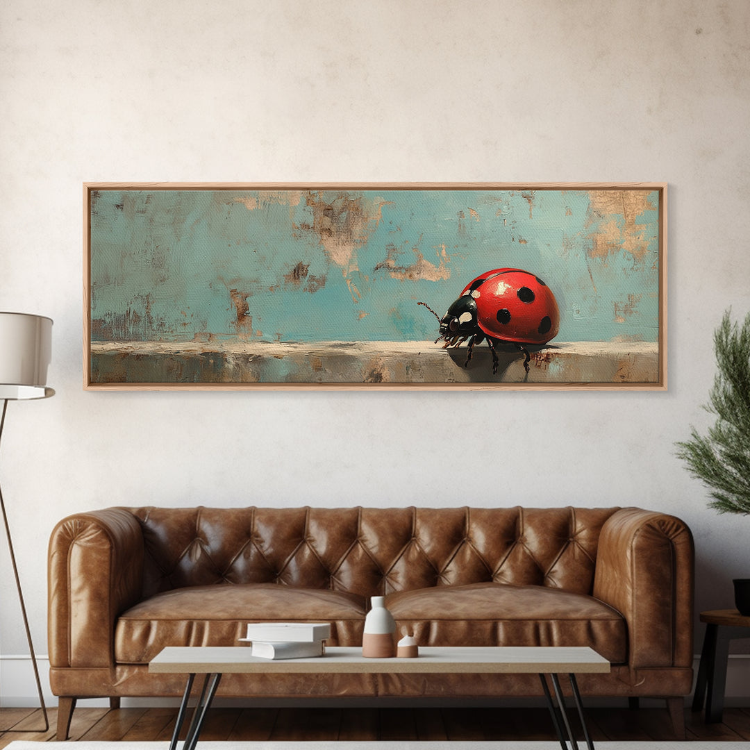Red Ladybug On Weathered Blue Wall Art, Whimsical Animal Canvas Print, Nature Wall Decor, Kids Room Art, Garden Decor Gift