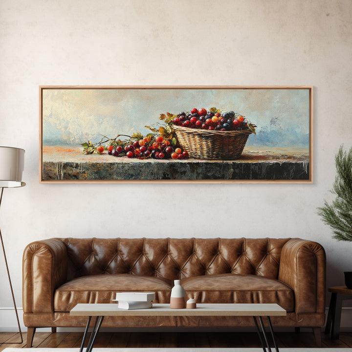 Basket Of Red Cherries Still Life Wall Art, Rustic Kitchen Decor, Fruit Painting Print, Farmhouse Dining Room Wall Decor