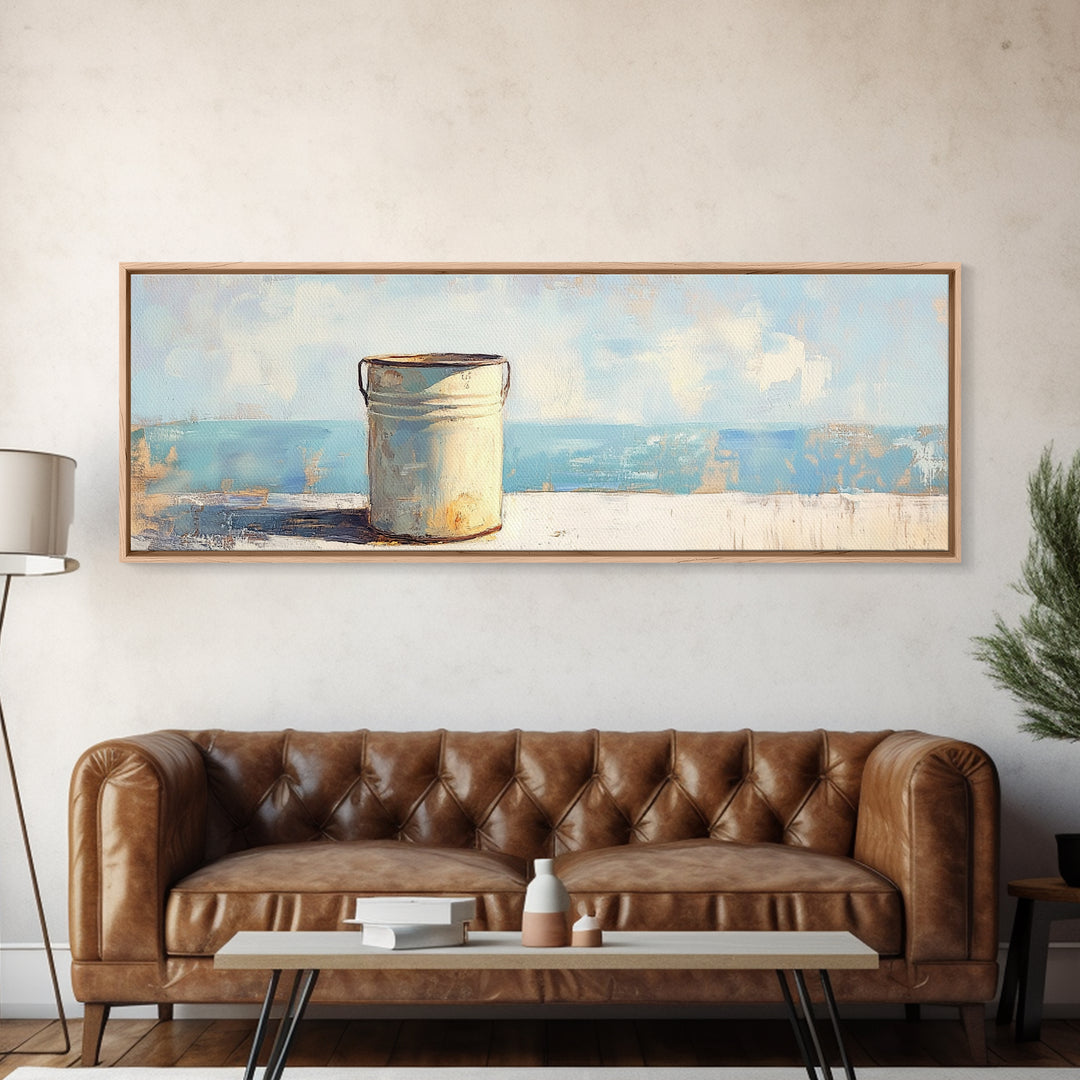 White Enamel Pail By The Sea Canvas Print, Coastal Farmhouse Wall Decor, Beach House Art, Rustic Nautical Kitchen Decor Print