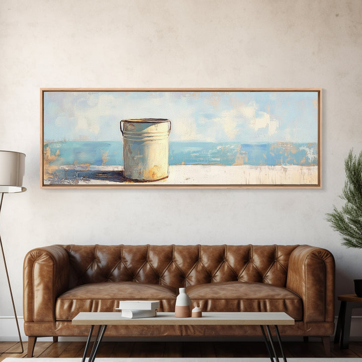 White Enamel Pail By The Sea Canvas Print, Coastal Farmhouse Wall Decor, Beach House Art, Rustic Nautical Kitchen Decor Print