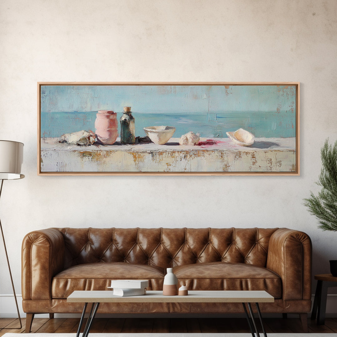 Coastal Seashell Still Life Wall Art, Beach House Canvas Print, Ocean Bathroom Decor, Nautical Kitchen Art, Gift For Her